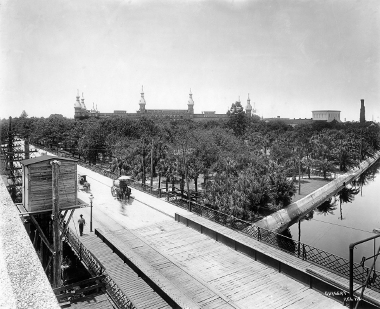 Looking northwest at Hyde Park and Tampa Bay Hotel from Lafayette Street Bridge, date unknown