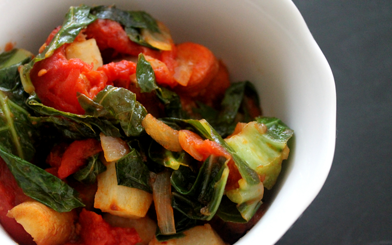Warming up to root vegetables: Roasted Root Veggies with Tomatoes & Collards