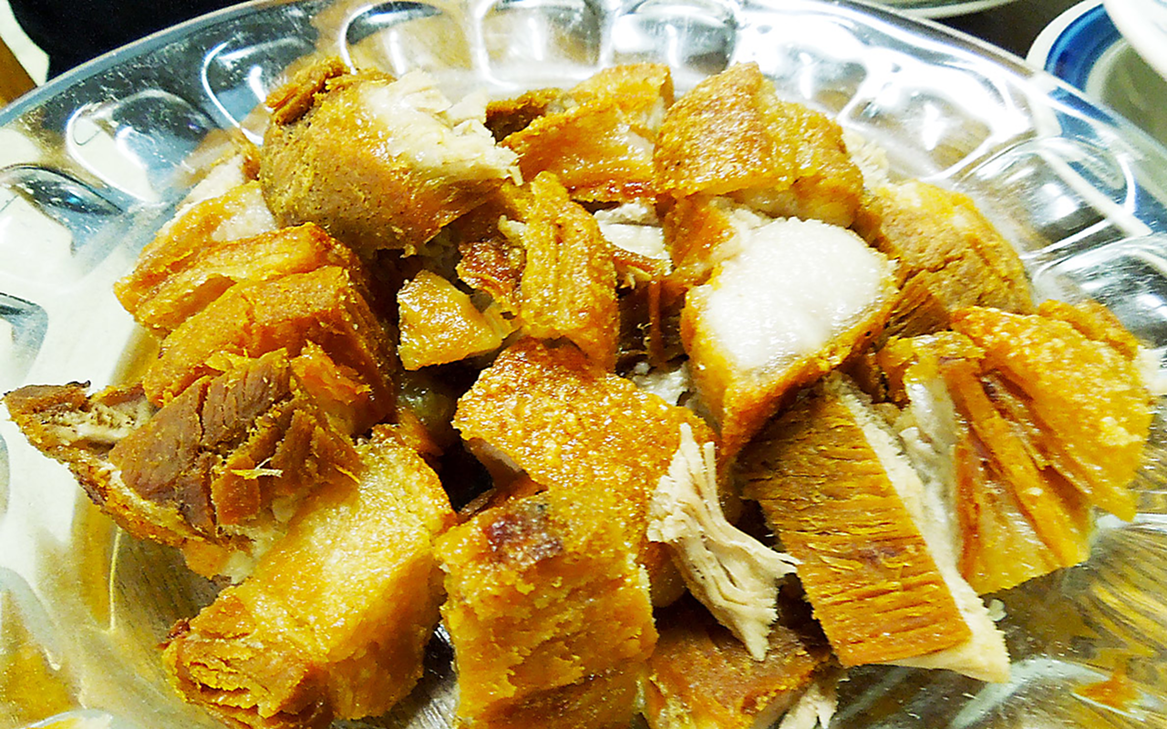 FAT IS GOOD: Both writers liked Tindahang Pinoy's lechon Kawali — deep-fried, fat-laden pork belly.