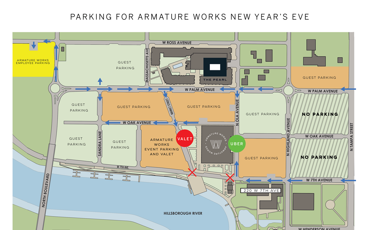 The map shows parking, traffic patterns and valet locations.
