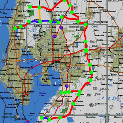TRAFFIC SOLUTION OR SPRAWLWAY? The Tampa Hillsborough Expressway Authority wants to build a four-county toll road roughly along the route (the orange line) shown on this map.